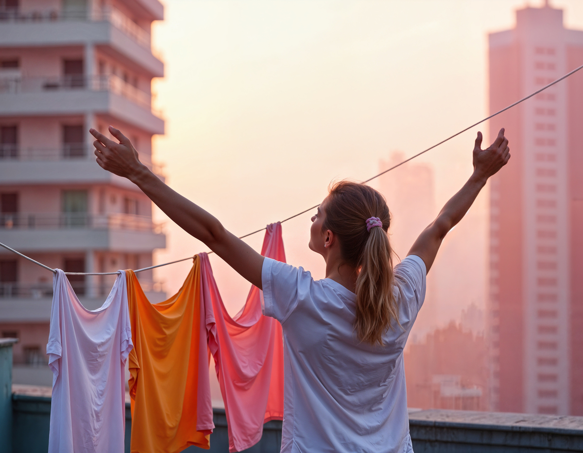 Bucato colorato steso al sole, perfettamente pulito e igienizzato