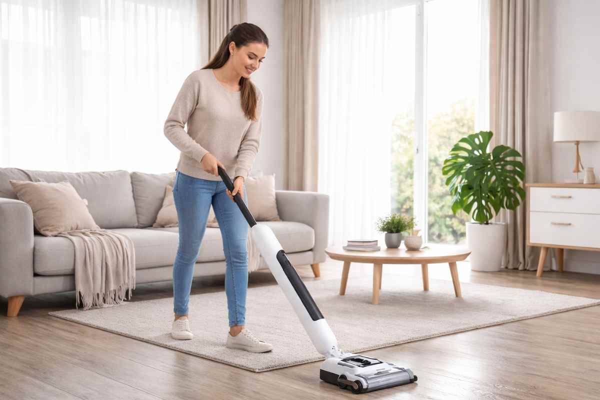 donna che passa lavapavimenti in salotto