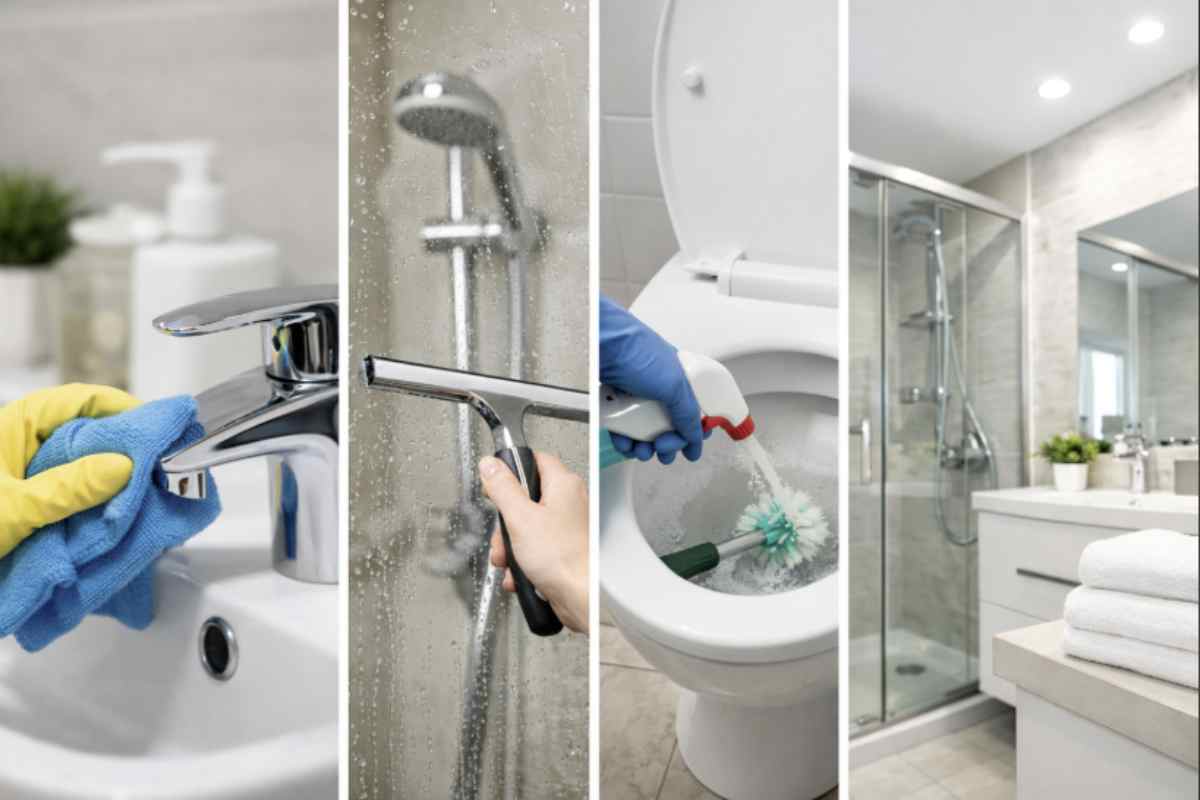 È il momento in cui si entra davvero nel dettaglio. Una volta a settimana, il bagno va affrontato in modo completo: sanitari, pavimenti, piastrelle, doccia.